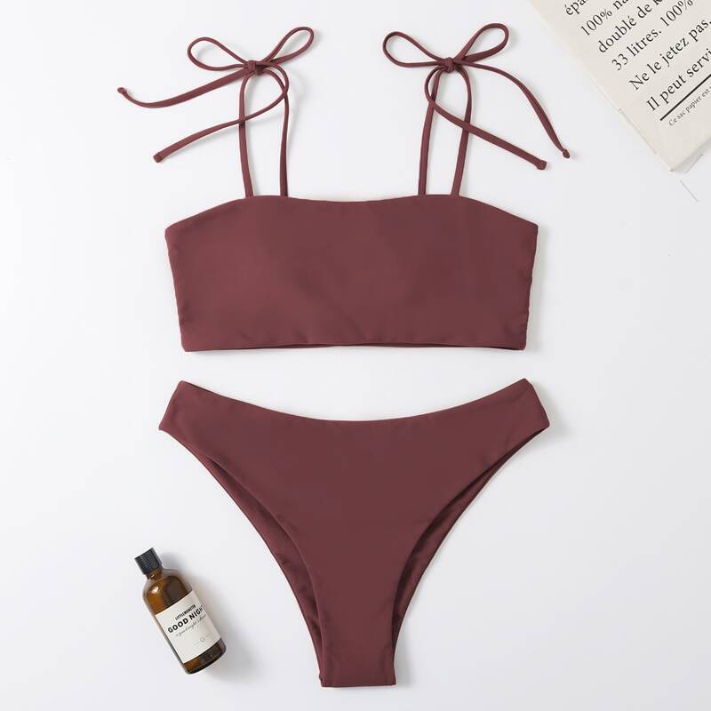 

Solid Tie Shoulder Bikini Swimsuit, Rust brown
