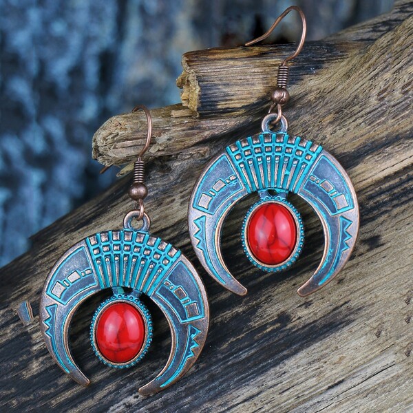

Turquoise Decor Moon Drop Earrings, Bronze