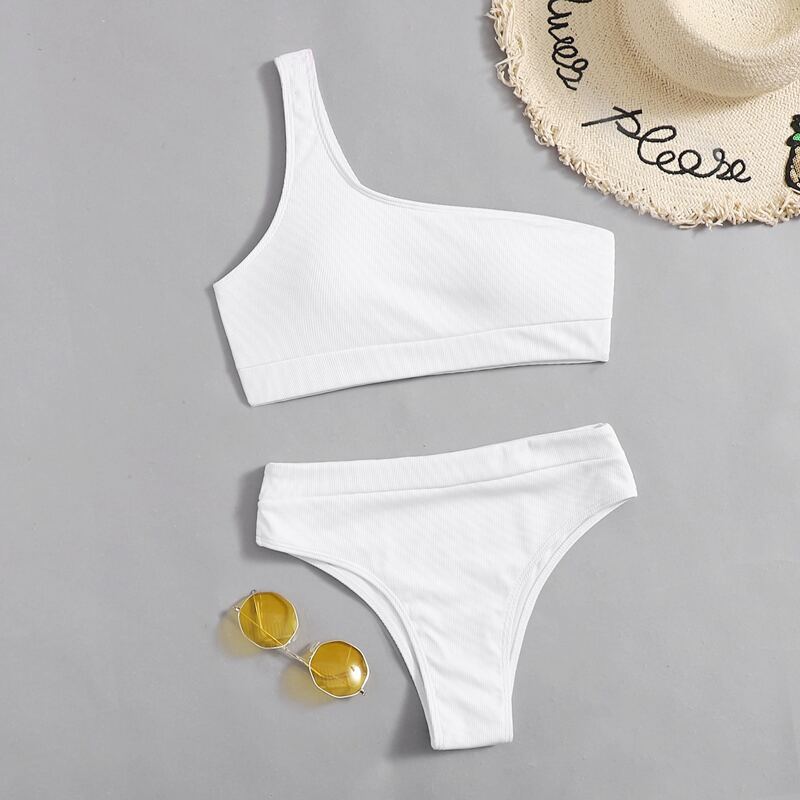

Plain Rib One Shoulder Bikini Swimsuit, White