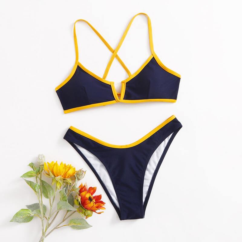 

V Wired Contrast Binding Criss Cross Bikini Swimsuit, Navy blue