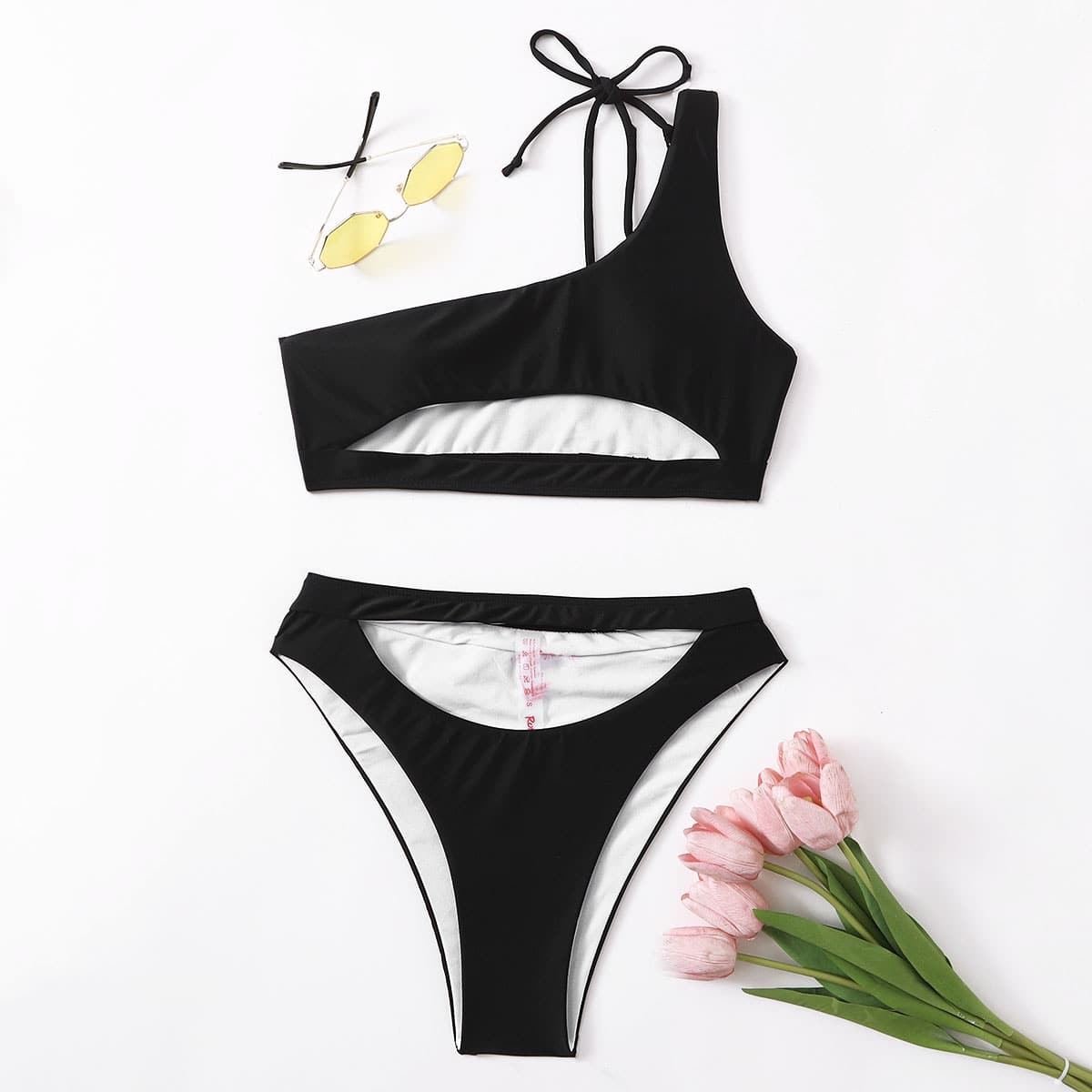 

Solid Cut Out One Shoulder Bikini Swimsuit, Black