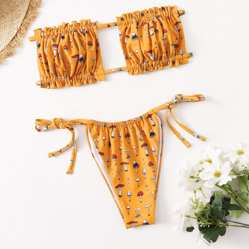 

Mushroom Frill Trim Tie Side Bikini Swimsuit, Yellow