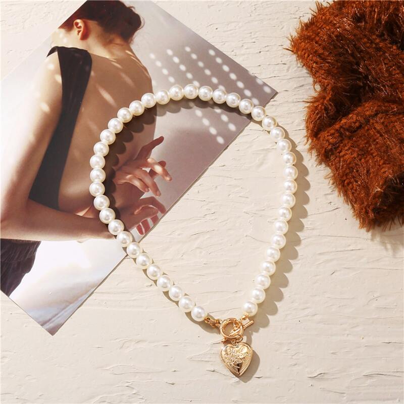 

Faux Pearl Heart Charm Necklace, White