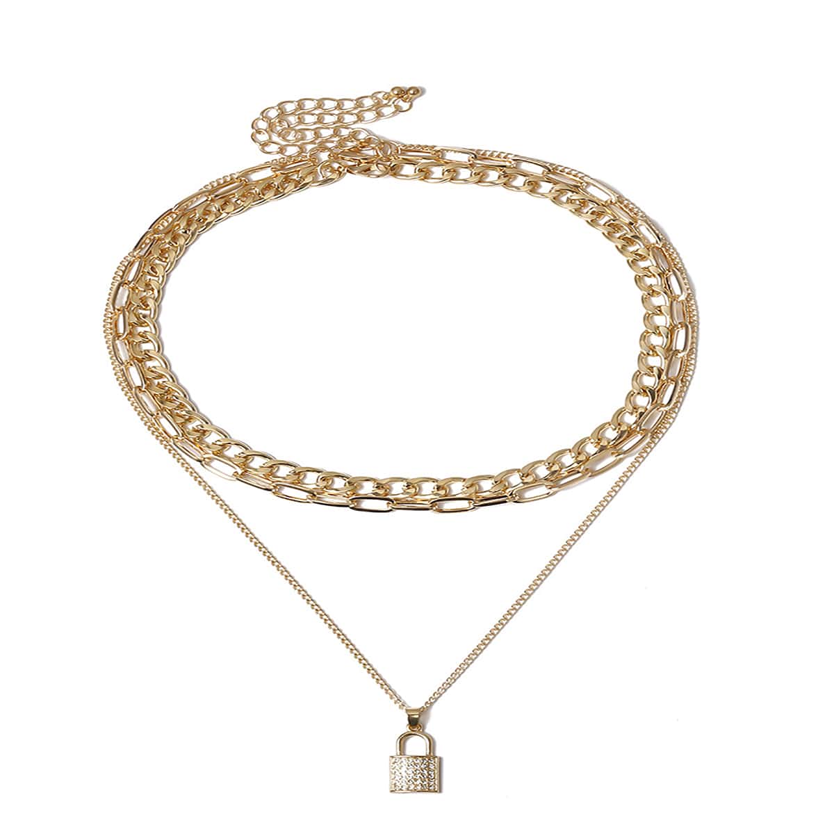 

Rhinestone Lock Layered Necklace, Gold