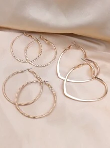 3pairs Heart Textured Hoop Earrings