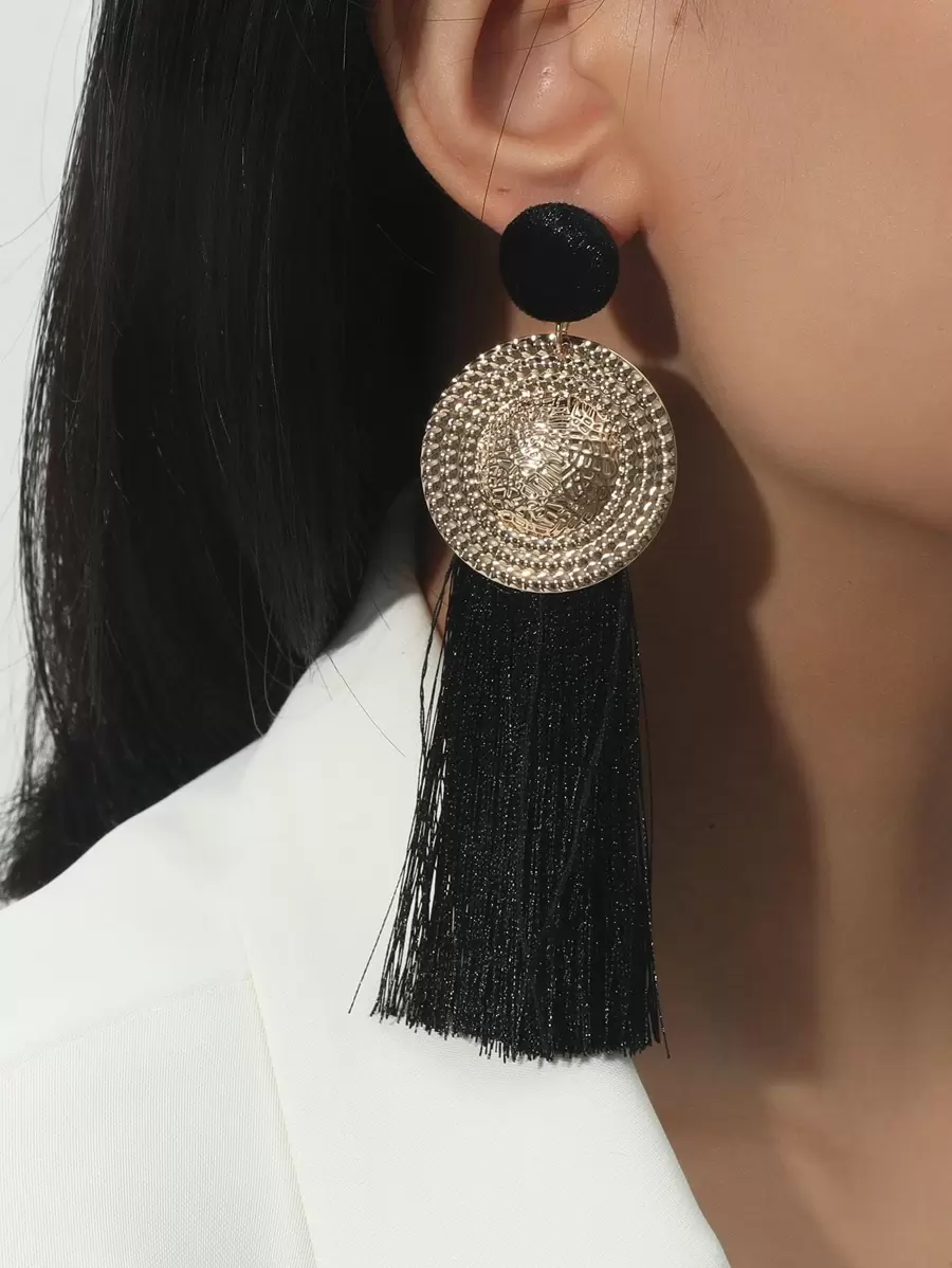 Tassel Drop Earrings - Black - View 1