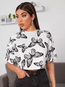 SHEIN EZwear Allover Butterfly Print Drop Shoulder Crop Tee - White - View 1