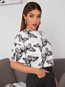 SHEIN EZwear Allover Butterfly Print Drop Shoulder Crop Tee - White - View 5