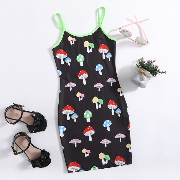 

Girls Allover Mushroom Print Contrast Binding Bodycon Dress, Black