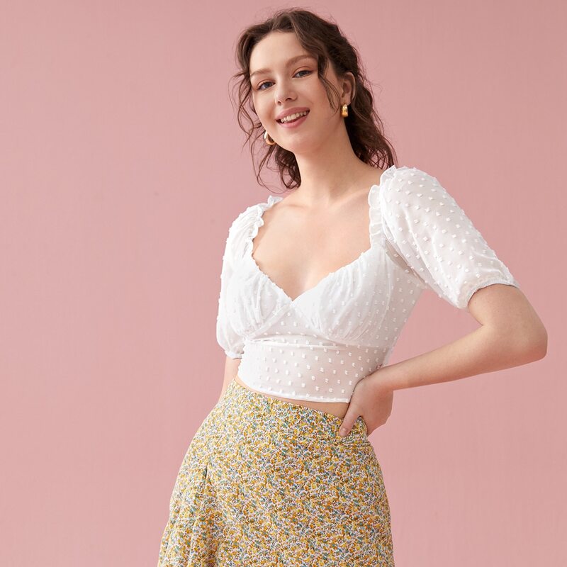 

Dobby Mesh Bow Back Crop Top, White