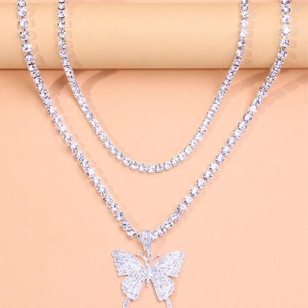 

2pcs Rhinestone Decor Necklace, Silver