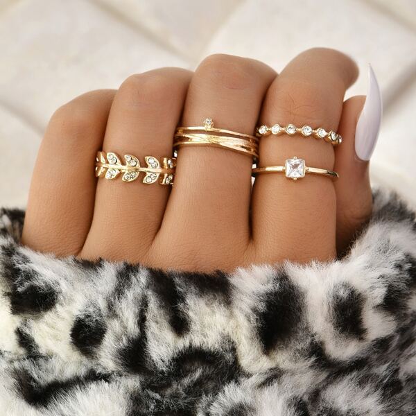 

4pcs Rhinestone Decor Ring, Gold