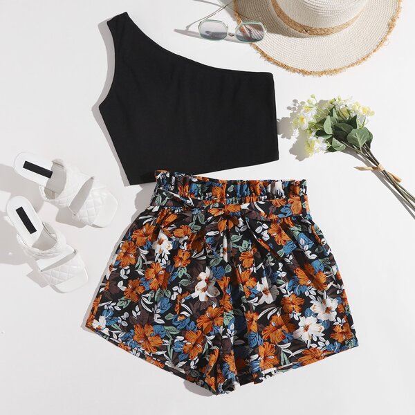 

One Shoulder Top & Paperbag Waist Belted Floral Shorts Set, Multicolor
