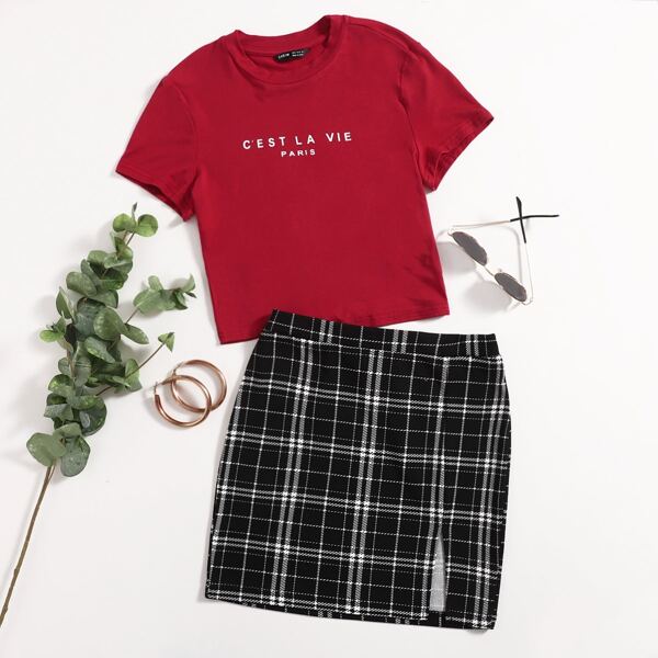 

Letter Graphic Tee & Plaid Slit Hem Skirt Set, Multicolor