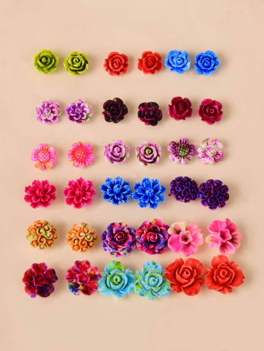 Bông tai Stud 18 cặp hoa trang trí - Nhiều màu - Xem 1