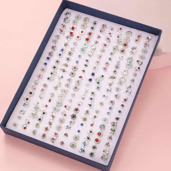 

100pairs Girls Random Stud Earrings, Silver