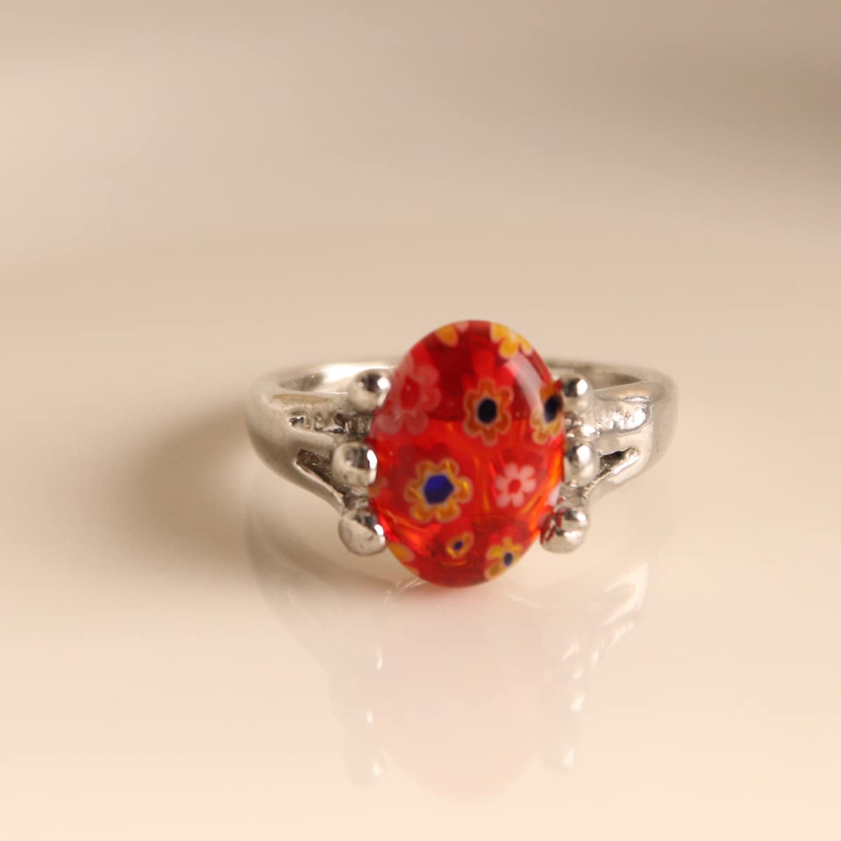 

1pc Floral Gemstone Decor Ring, Red