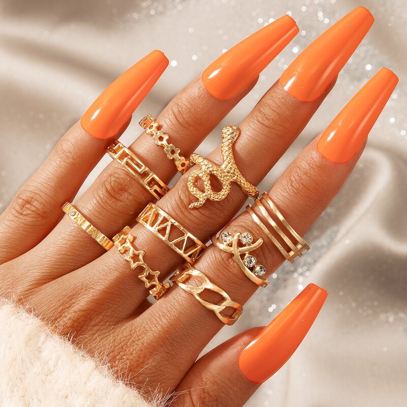 

9pcs Flower & Star Design Ring, Gold