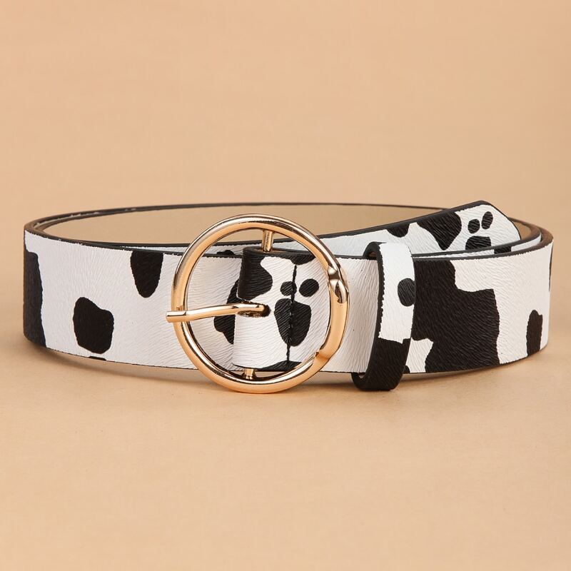 

Cow Print Ring Buckle Belt, Black and white