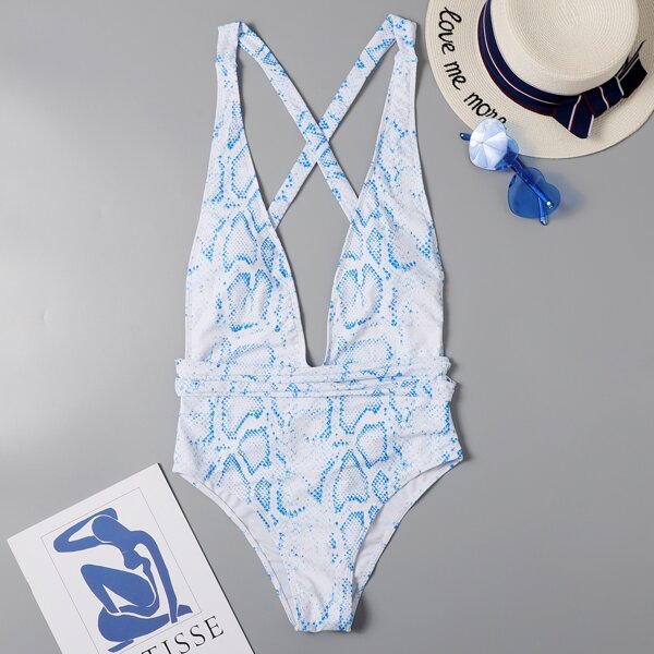 

Snakeskin Plunge Neck One Piece Swimsuit, Blue and white