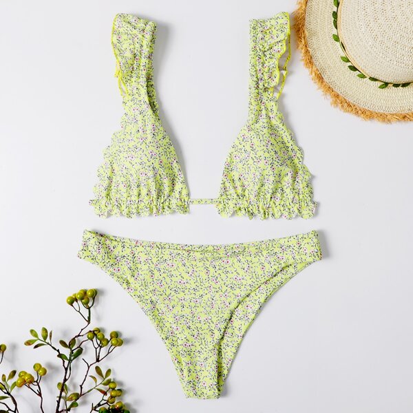 

Ditsy Floral Ruffle Strap Bikini Swimsuit, Yellow