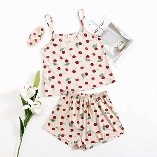 

Cherry Print Cami Pajama Set With Eye Cover, Apricot