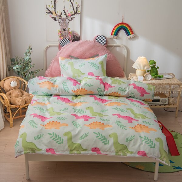 

Kids Cartoon Dinosaur Print Duvet Cover Set Without Filler, Multicolor