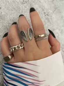 Bộ 5 chiếc nhẫn thiết kế hình cánh thiên thần, bóng bẩy, đơn giản, cá nhân hóa, phù hợp cho nữ giới đeo hàng ngày. - Bạc - Xem 1