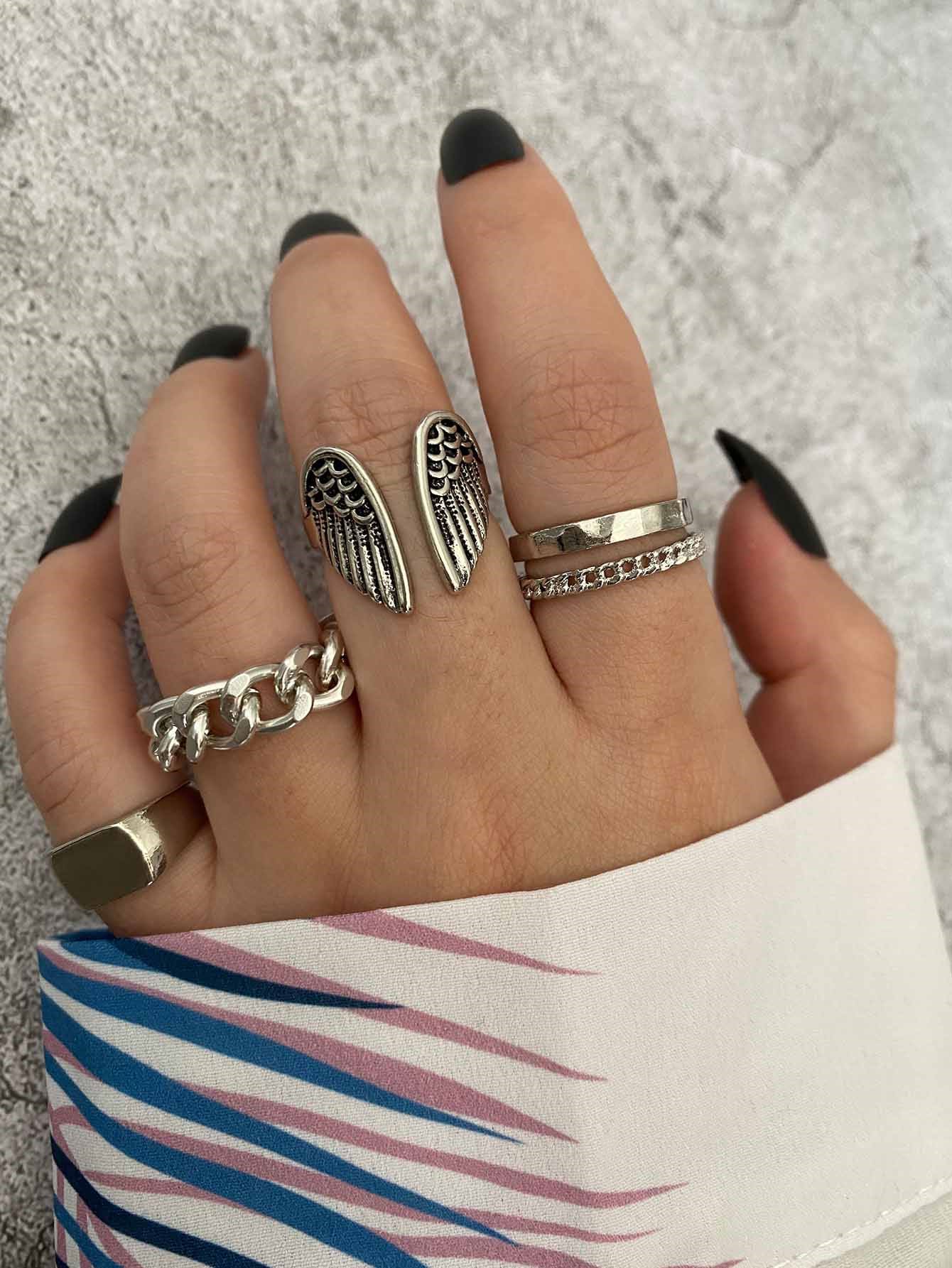 Bộ 5 chiếc nhẫn thiết kế hình cánh thiên thần, bóng bẩy, đơn giản, cá nhân hóa, phù hợp cho nữ giới đeo hàng ngày. - Bạc - Xem 1