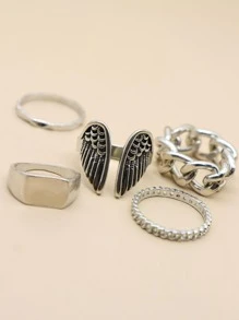 Bộ 5 chiếc nhẫn thiết kế hình cánh thiên thần, bóng bẩy, đơn giản, cá nhân hóa, phù hợp cho nữ giới đeo hàng ngày. - Bạc - Xem 2