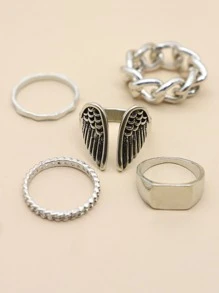 Bộ 5 chiếc nhẫn thiết kế hình cánh thiên thần, bóng bẩy, đơn giản, cá nhân hóa, phù hợp cho nữ giới đeo hàng ngày. - Bạc - Xem 3