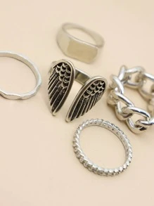 Bộ 5 chiếc nhẫn thiết kế hình cánh thiên thần, bóng bẩy, đơn giản, cá nhân hóa, phù hợp cho nữ giới đeo hàng ngày. - Bạc - Xem 4