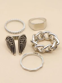 Bộ 5 chiếc nhẫn thiết kế hình cánh thiên thần, bóng bẩy, đơn giản, cá nhân hóa, phù hợp cho nữ giới đeo hàng ngày. - Bạc - Xem 5