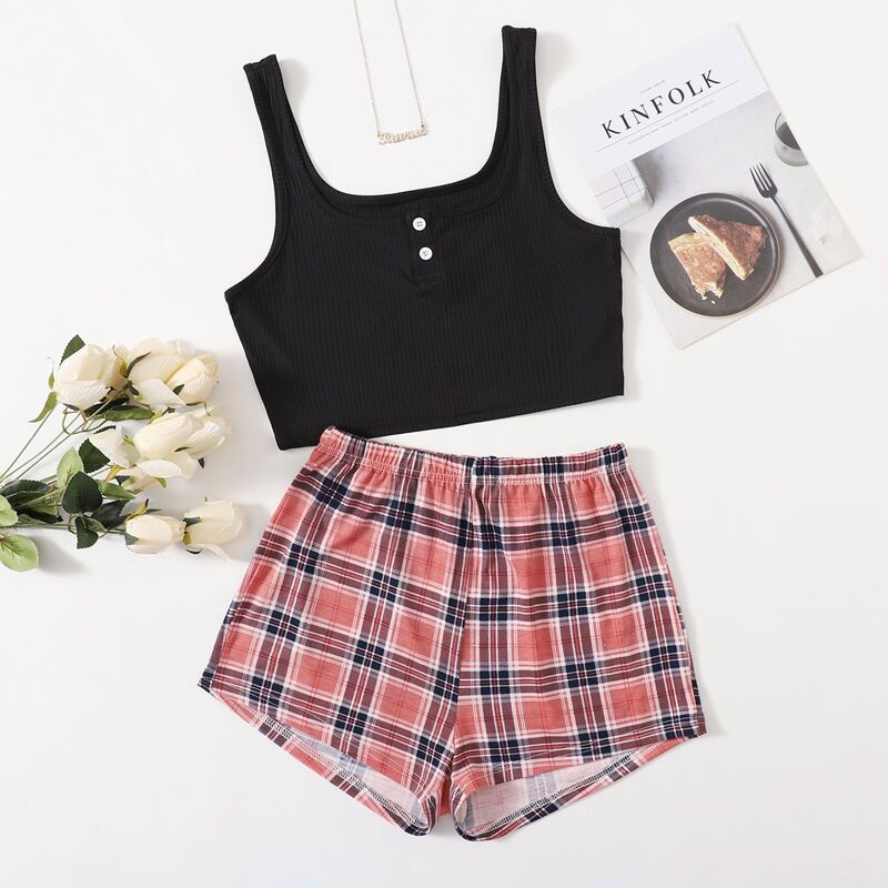 

Crop Tank Top With Plaid Print Shorts Pajama Set, Multicolor