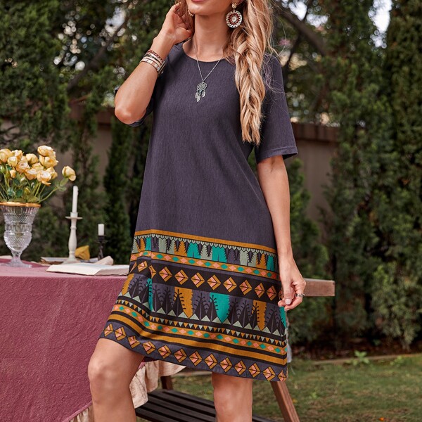 

Geo Print Tunic Dress, Mauve purple