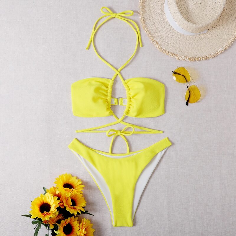 

Criss Cross Halter Bikini Swimsuit, Yellow