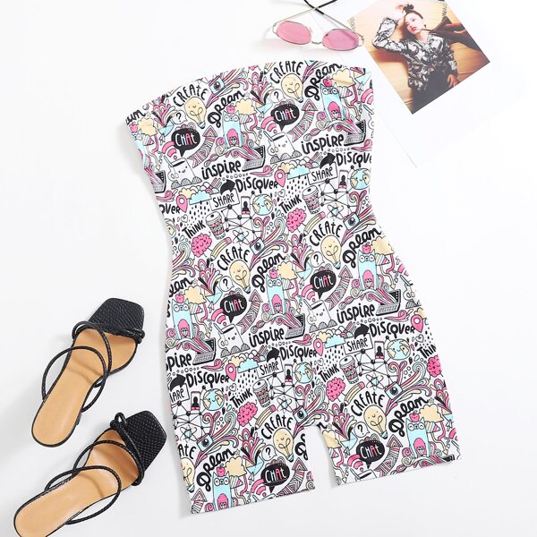 

Allover Cartoon And Letter Graphic Tube Romper, Multicolor