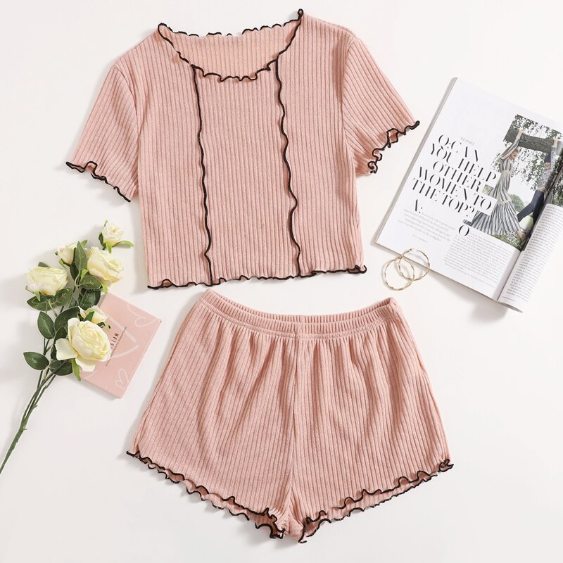 

Lettuce Trim Crop Tee & Shorts PJ Set, Coral pink