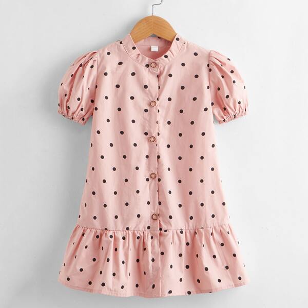 

Toddler Girls Polka Dot Ruffle Hem Smock Dress, Coral pink