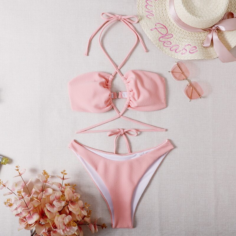 

Criss Cross Halter Bikini Swimsuit, Baby pink