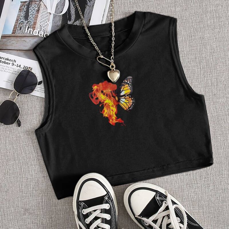 

Fire & Butterfly Print Tank Top, Black