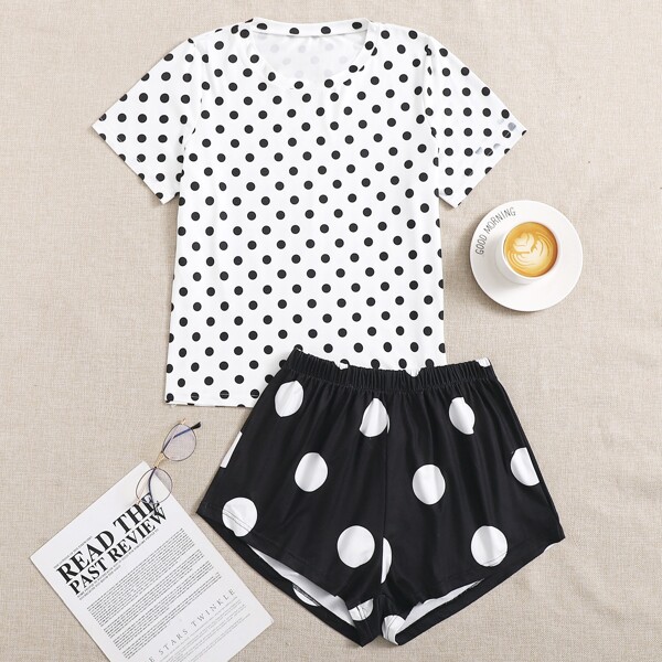 

Polka Dot Tee & Shorts Pajama Set, Black and white