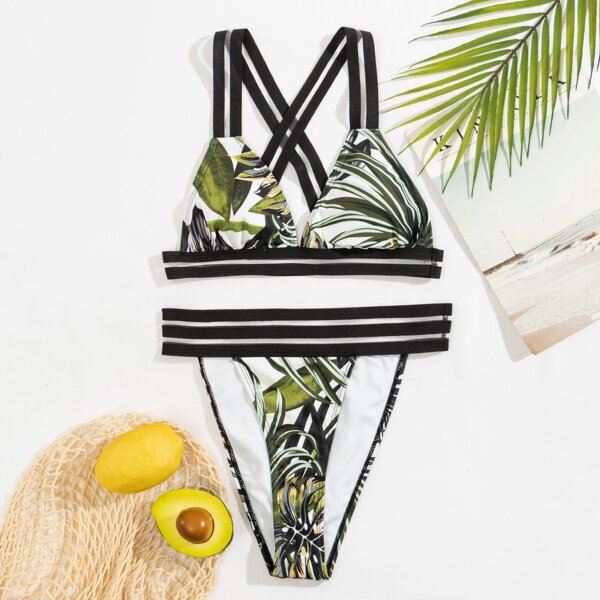 

Tropical Mesh Trim Bikini Swimsuit, Multicolor