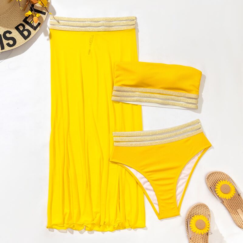 

3pack Bandeau Bikini Swimsuit & Beach Skirt, Yellow