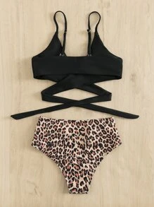 Conjunto de bikini con estampado de leopardo, envoltura, plisados y cintura alta para playa en verano - Multicolor - Ver 2