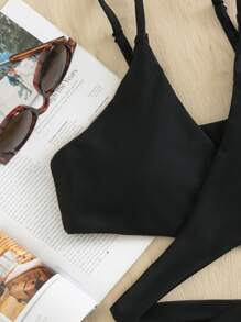 Conjunto de bikini con estampado de leopardo, envoltura, plisados y cintura alta para playa en verano - Multicolor - Ver 3