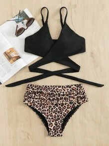 Conjunto de bikini con estampado de leopardo, envoltura, plisados y cintura alta para playa en verano - Multicolor - Ver 4