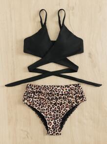 Conjunto de bikini con estampado de leopardo, envoltura, plisados y cintura alta para playa en verano - Multicolor - Ver 6