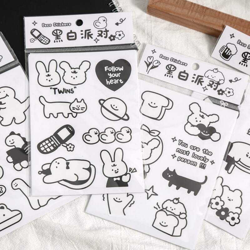 

4sheets Cartoon Animal Sticker, Black and white