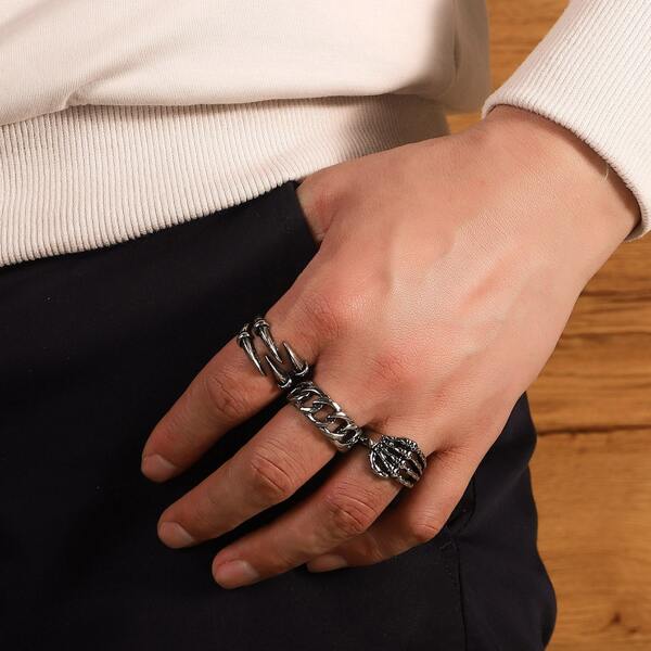 

3pcs Men Chain Design Ring, Silver